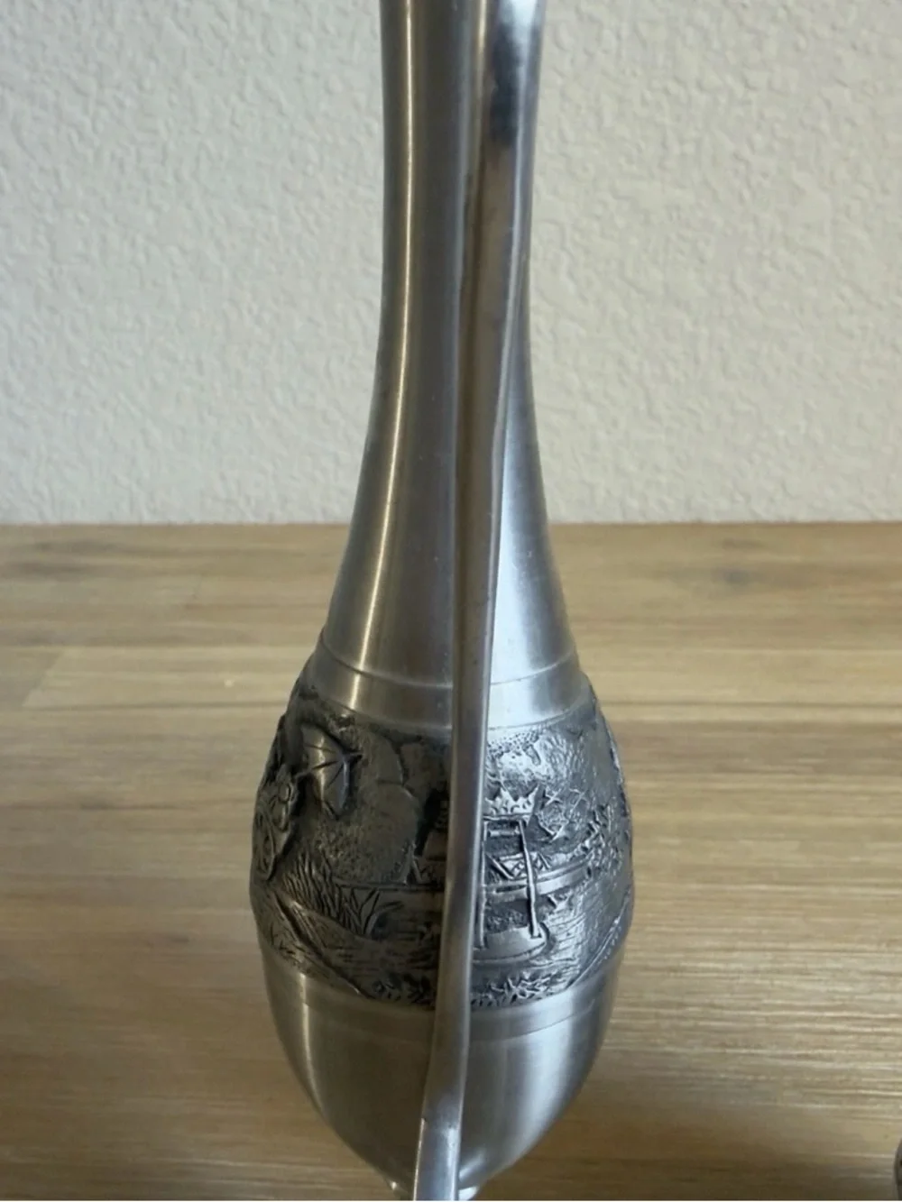 Vintage Pewter Skinny Bud Vases And Pitcher 8” and 6” Tall Silver Color Set of 2